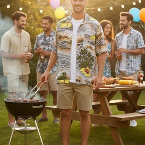 May include: A group of people enjoying a backyard barbecue. A man in a Hawaiian shirt and khaki shorts uses tongs to grill sausages on a black charcoal grill. Others are gathered around a picnic table with food and drinks.