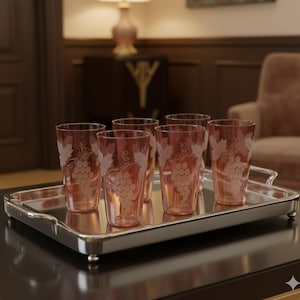 May include: Six pink-tinted drinking glasses with etched grape designs are arranged on a silver serving tray. The glasses are tall and cylindrical, perfect for serving beverages. The tray has a polished finish.