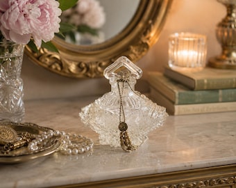 Vintage Pressed Glass Perfume Bottle | Art Deco Vanity Decor | Glass Stopper