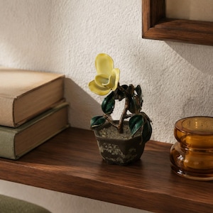 Mid Century Bovano Style Enamel Copper Rose Sculpture, 1970s Miniature Botanical Pot, Brutalist Floral Decor 5"