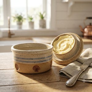 Vintage Annapolis Pottery French Butter Keeper, Speckled Stoneware Coastal Blue Stripe Crock