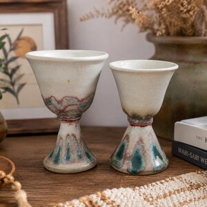 Vintage Studio Pottery Goblets Pair, Hand Thrown Stoneware Chalices, 1970s Boho Decor, Rustic Ceramic Pedestal Cups, Drip Glaze Art Pottery