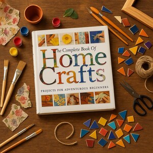 May include: A still-life image of craft supplies, including a book titled "The Complete Book of Home Crafts," paintbrushes, paint pots, scissors, and colorful mosaic tiles. The book cover features a colorful title and images of craft projects.
