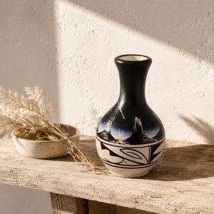 Vintage Navajo Pottery Bud Vase 5" Hand Etched Signed ST Southwest Desert Landscape Ceramic Mountain Storm Vessel 1980s