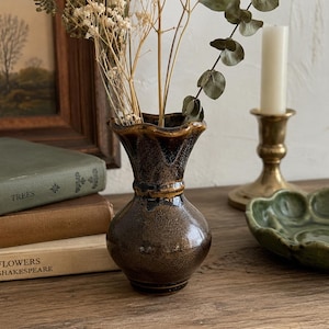 Vintage Studio Pottery Bud Vase Brown Drip Glaze Ruffled Rim Ceramic Weed Pot Mid Century Modern Rustic Stoneware Decor 5.75"