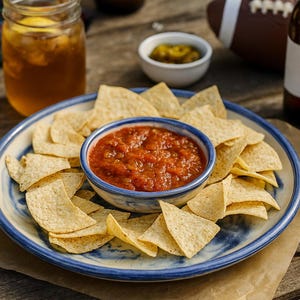 May include: A plate of tortilla chips surrounds a bowl of salsa. The plate has a blue and white rim. Other items include a football, beer, mustard, and a glass of iced tea.