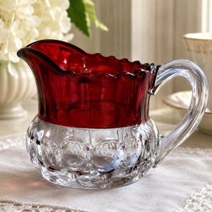 Antique King's Crown Ruby Flash Creamer EAPG Thumbprint Pressed Glass 3"
