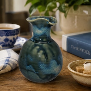 Vintage Bill Campbell Pottery Creamer Pitcher Blue Drip Glaze Studio Art Pottery Hand Thrown Signed 4.75" Jug MCM