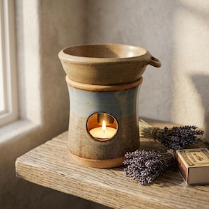 May include: A ceramic wax warmer featuring a two-tone glaze with a light blue upper section and a speckled tan base. The cylindrical body has a circular cutout containing a lit tea light candle, topped with a removable bowl with a small handle.
