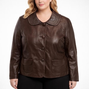 May include: A brown leather jacket with a textured, crocodile-like pattern. The jacket features a rounded collar, three buttons, and two front pockets. The jacket is a classic style, suitable for various occasions.