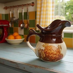 May include: A vintage brown and cream-colored pitcher with a pineapple design. The pitcher has a curved handle and a spout. It is sitting on a light blue countertop in a kitchen setting.