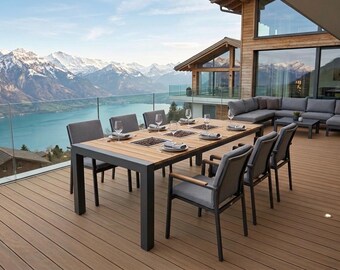 Luxury Oak Outdoor Table with 3 Integrated BBQ Grills | Modern Anthracite Steel Patio Furniture | Large 2m Social Dining Table |