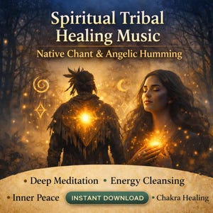May include: Digital art promoting "Spiritual Tribal Healing Music." The image features two figures with glowing energy, set against a forest backdrop. Text includes "Native Chant & Angelic Humming," and benefits like "Deep Meditation" and "Energy Cleansing."