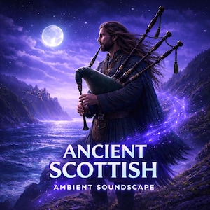 May include: Digital artwork of a man playing bagpipes against a backdrop of a moonlit, purple-hued landscape. The text "ANCIENT SCOTTISH AMBIENT SOUNDSCAPE" is displayed at the bottom of the image, suggesting a musical theme.