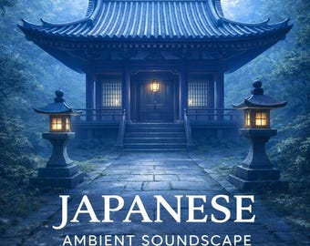 May include: A digital illustration of a traditional Japanese temple with a blue tiled roof, lit lanterns, and a stone pathway. The text "JAPANESE AMBIENT SOUNDSCAPE" is displayed in white at the bottom of the image.