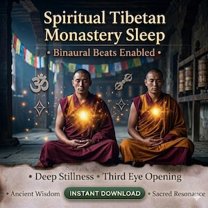 Peut inclure: Image promotionnelle pour "Spiritual Tibetan Monastery Sleep" avec texte et deux moines méditant. Le texte comprend "Binaural Beats Enabled", "Deep Stillness", "Third Eye Opening", "Ancient Wisdom" et "Sacred Resonance". Il y a un bouton de téléchargement.