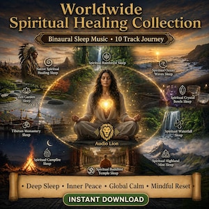 Puede incluir: Ilustración digital que promociona una "Colección Mundial de Curación Espiritual" con música binaural para dormir. La imagen presenta a una mujer meditando, rodeada de escenas de la naturaleza y lugares espirituales. El texto incluye "Sueño Profundo", "Paz Interior" y "Descarga Instantánea".