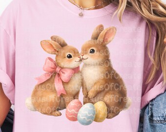 Easter Bunny PNG | Cute Rabbit Couple Illustration | Pink Bow Bunny Art | Spring Easter PNG | Digital Download