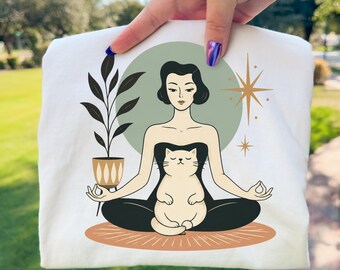 Cat Mom Meditation PNG | Zen Woman with Cat Illustration | Boho Spiritual Art | Yoga Lover Digital Download