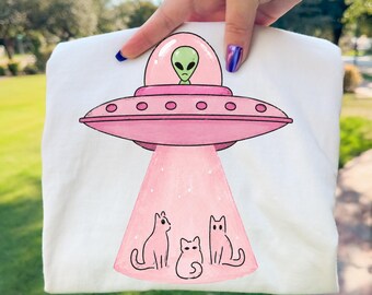 Alien Cat Abduction PNG | Cute UFO Cat Illustration | Whimsical Space Cat Design | Retro Sci-Fi Cat Clipart | Sublimation Digital Download