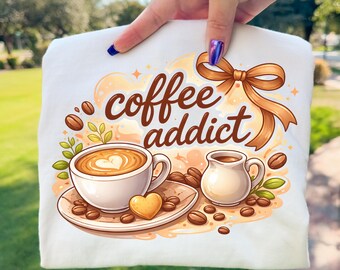Coffee Addict PNG, Cute Coffee Lover Design, Coquette Bow Latte Art, Cozy Cafe Aesthetic, Neutral Brown Clipart, Digital Download