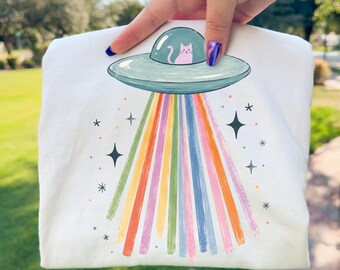 UFO Cat PNG | Rainbow Beam Cat Illustration | Cute Space Cat Clipart | Retro Alien Kitty Design | Sublimation Digital Download