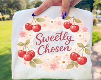 Sweetly Chosen Cherry Floral Design PNG, Cute Girly Aesthetic, Retro Cherry Shirt Design, Printable Sublimation, Digital Download