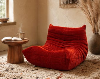 Fauteuil bas design 1 place rouge en velours côtelé – Chaise lounge moderne sans accoudoirs – Fauteuil cosy pour salon ou chambre