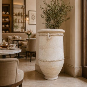 Può includere: Un grande vaso strutturato bianco sporco con un design a corda nella parte superiore e centrale, contenente una pianta verde e frondosa. Il vaso ha un manico su ogni lato. L'ambientazione sembra essere un bar o un ristorante.