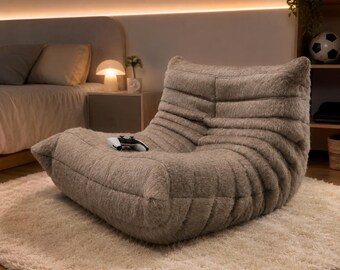 Fauteuil bas design 1 place en tissu bouclé / terracotta – Chaise lounge moderne sans accoudoirs – Mobilier salon style vintage
