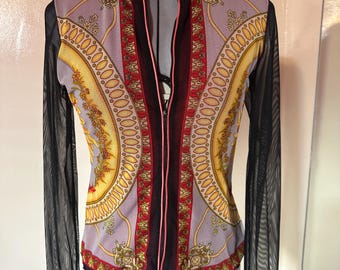 ANAC by Kimi + Annie Mesh Zip Front Top | Sheer Long Sleeve Blouse | Scarf Print Top | Fitted Mesh Blouse