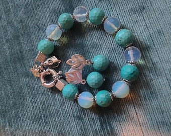 Turquoise Opalite BraceletEarrings Set Silver Tone Faceted BlueBead Matching Set