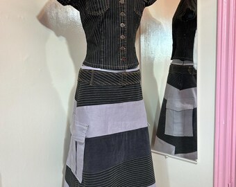 Upcycled Patchwork Cargo Maxi Skirt • Handmade Striped Denim & Cotton