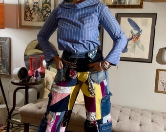 Upcycled Patchwork Wide Leg Pants – OOAK Boho Denim Cargo Pants – Handmade Statement Trousers