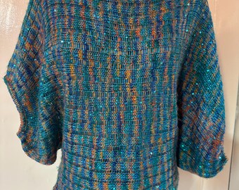 Hand Knit Sequin Batwing Sweater | Multicolor Cropped Pullover (S/M)