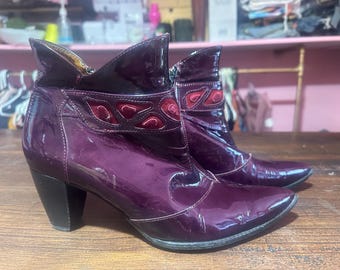 Vintage Burgundy Patent Leather Ankle Boots: Embroidered Strap Block Heel Size 39.5