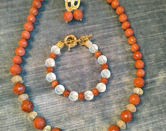 Goldstone Necklace Earrings Bracelet Set Gold Tone Crystal Glass Beads Matching