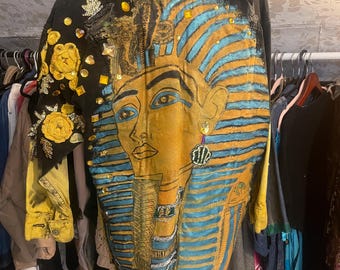 Upcycled Zara Denim Art Jacket, Tutankhamun Pharaoh, Hand-Painted, S/M