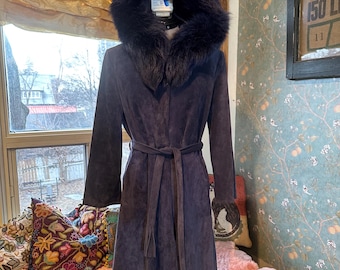Vintage 70s Blue Suede Coat • Faux Fur Hood, Boho Winter (S/M)