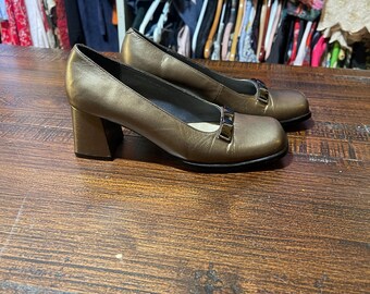 CELINE Bronze Metallic Leather Pumps • Square Toe Block Heels, Size 6