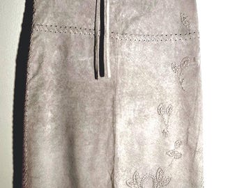Vintage Embroidered Faux Suede Midi Skirt | Size 10 Boho Leather Look