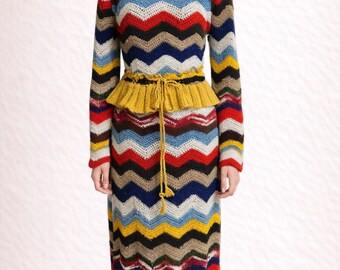 Upcycled Crochet Wool Maxi Dress – Chevron Knit Blanket Dress – Handmade Boho One-of-a-Kind