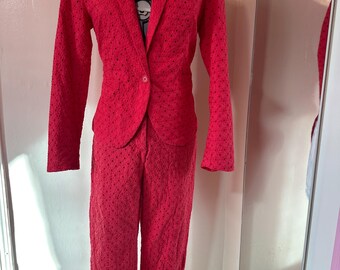 Red Eyelet Cotton Blazer & Pants Set | Size 10 Summer Suit
