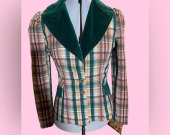 Vintage Plaid Jacket with Green Velvet Collar | Tailored Blazer | Cottagecore Academia | Retro Womens Jacket