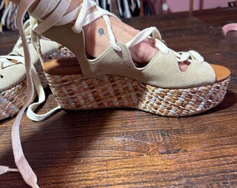 See By Chloé Raffia Platform Wedge Sandals Size 9 Lace Up Boho Chic Espadrille