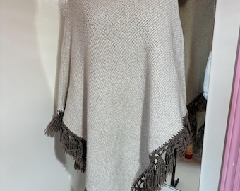 Cozy Two-Tone Fringe Poncho Sweater in Cream and Brown Handmade in Portugal
