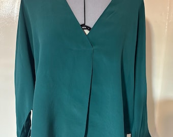 ZARA Teal Green V Neck Blouse Long Sleeve Size L Minimalist Top