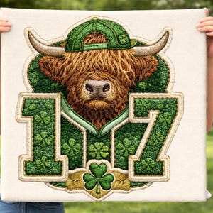 May include: Embroidered canvas art featuring a Highland cow wearing a green cap. The cow is set against a green shamrock-filled background with the number "17" in green, also filled with shamrocks. A gold ribbon with a shamrock is at the bottom.