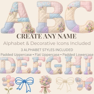 Patchwork Alphabet PNG Bundle, Baby Name Letters, Nursery Alphabet Set, Quilt Letters, Cute Icons Bow Butterfly Star Moon Flower