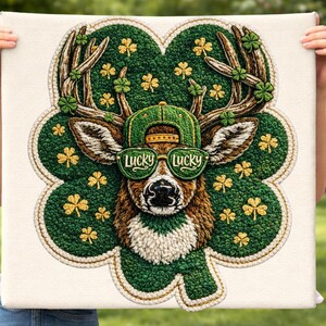 May include: Square canvas art depicting a deer head with shamrock-decorated antlers. The deer wears a green cap and sunglasses with "LUCKY" on each lens. The background is a large green shamrock shape with gold shamrocks.